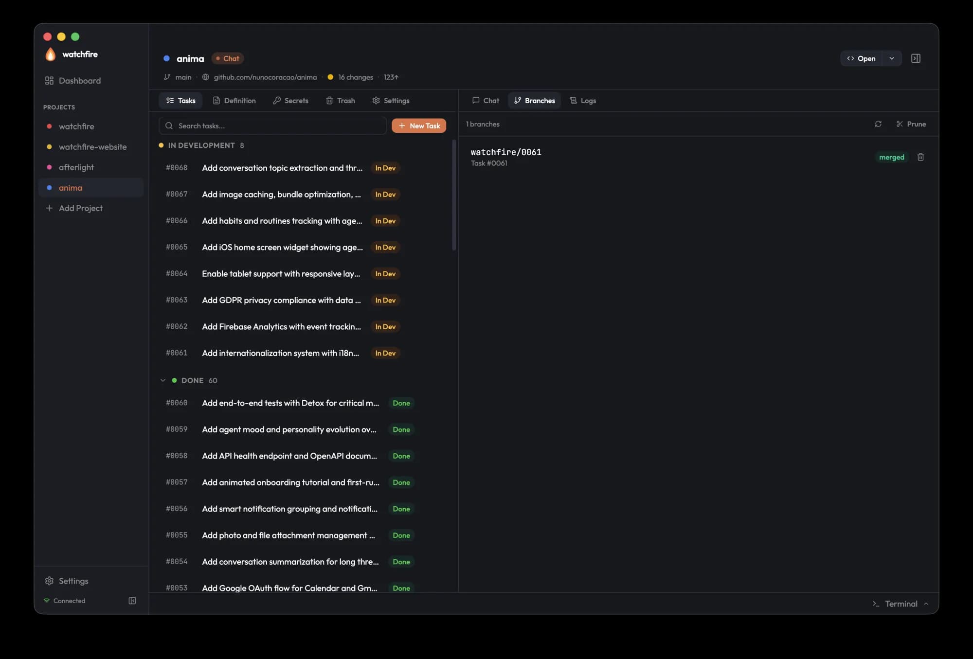 Per-task git worktrees, each on its own watchfire/NNNN branch.