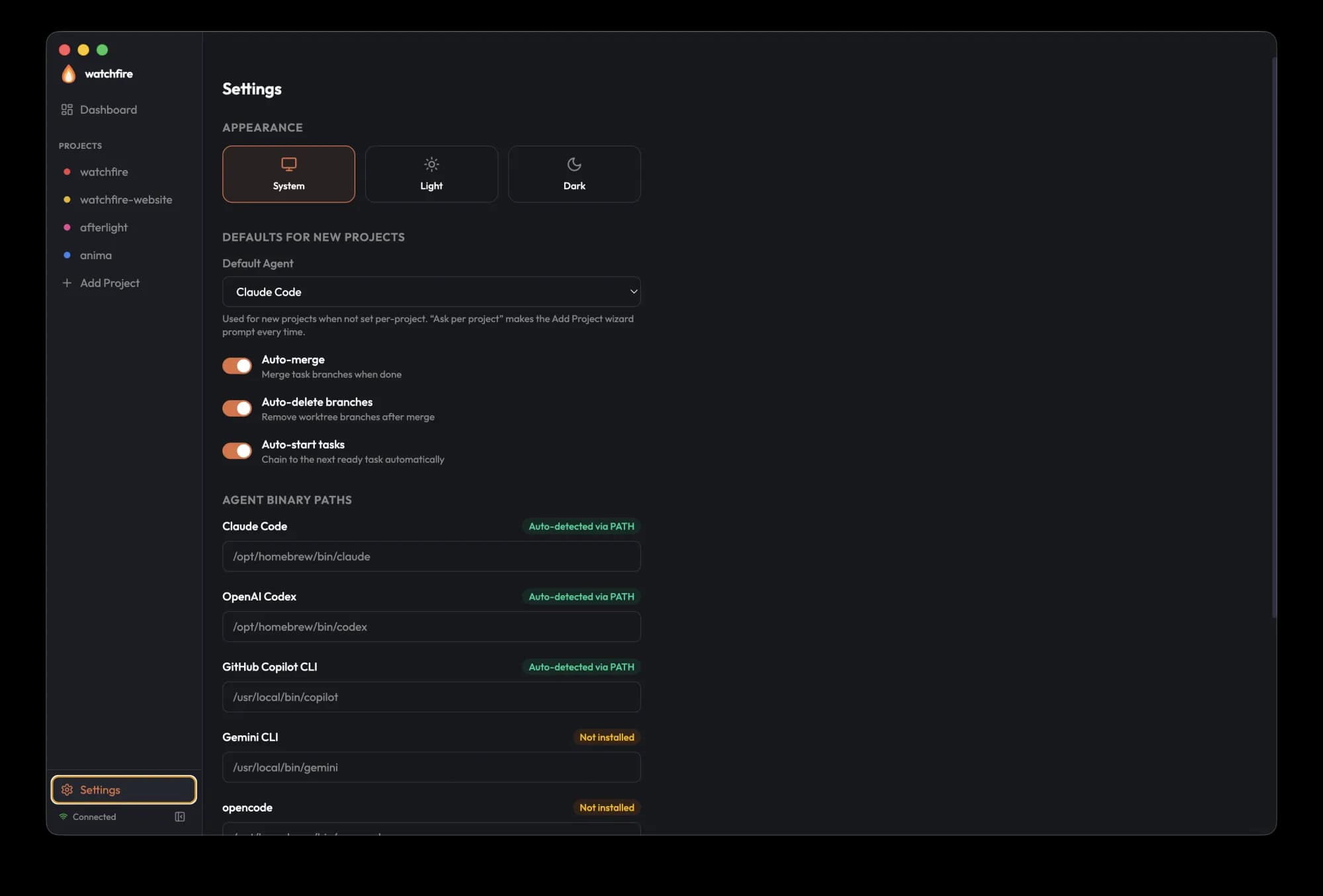 Daemon-wide settings shared across all projects.
