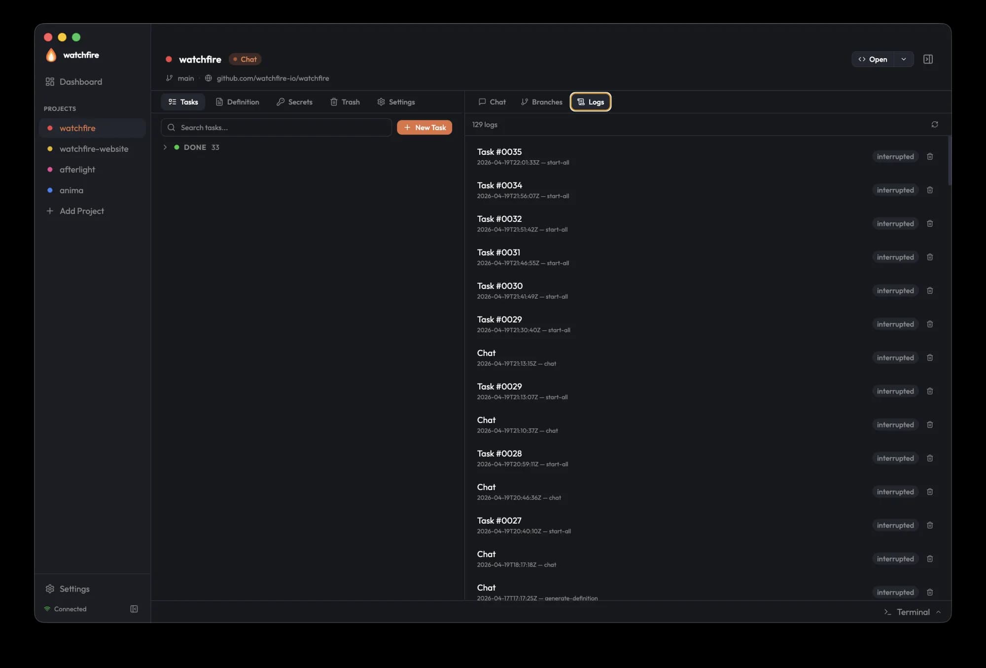 Streaming the live terminal output from a running agent.