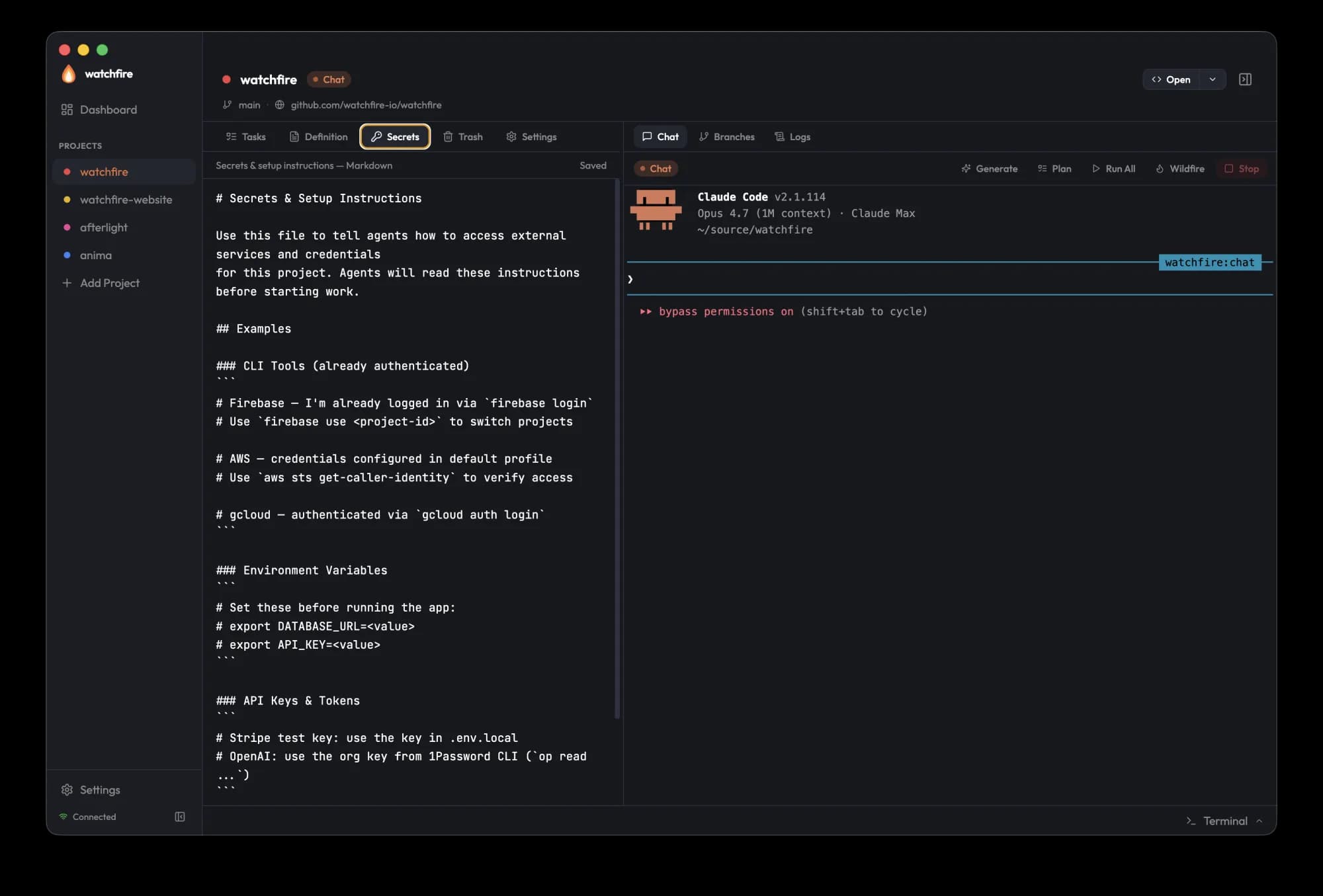 Per-project secrets passed into the sandbox at run time.