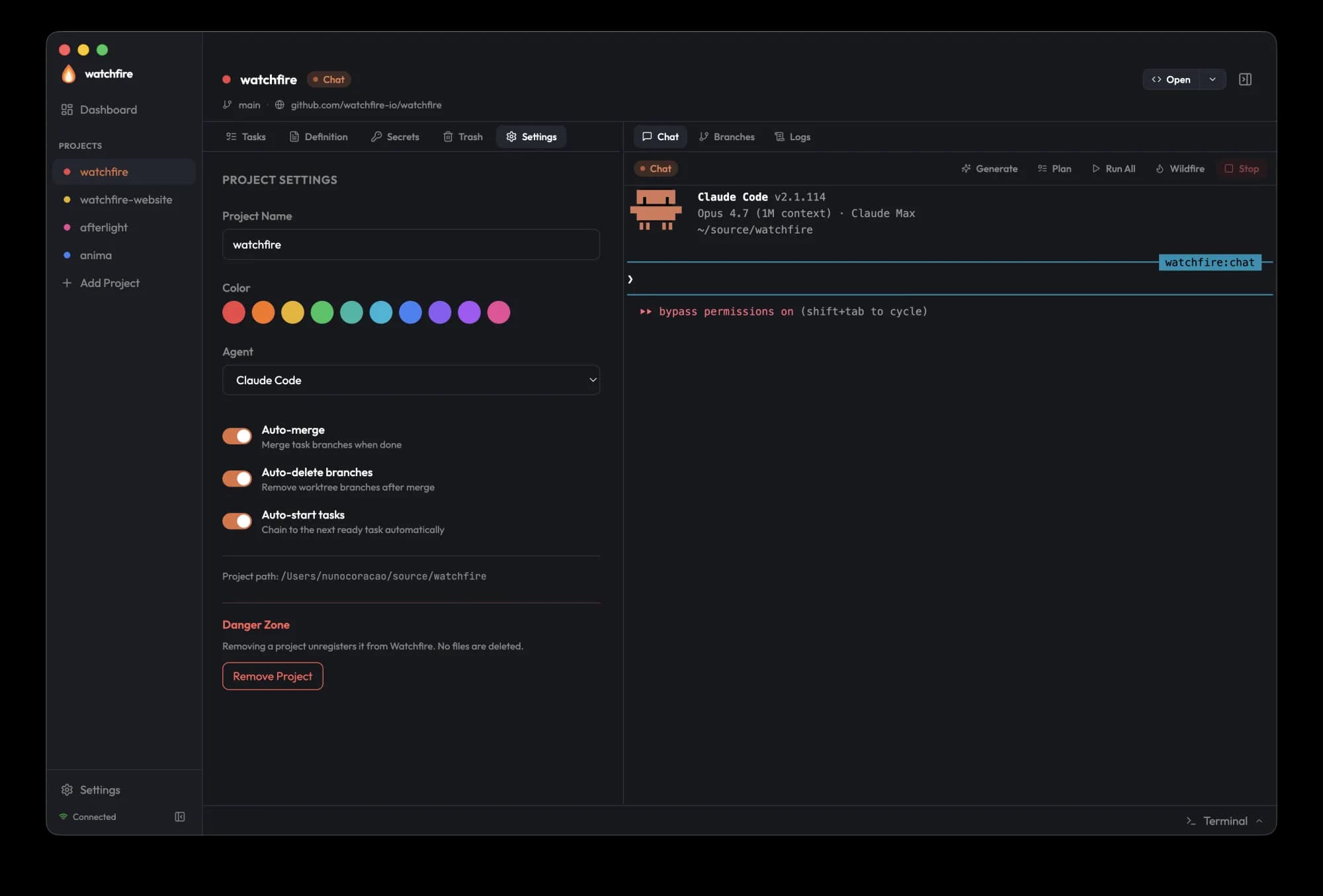 Project-level settings: default agent, auto-merge, sandbox.