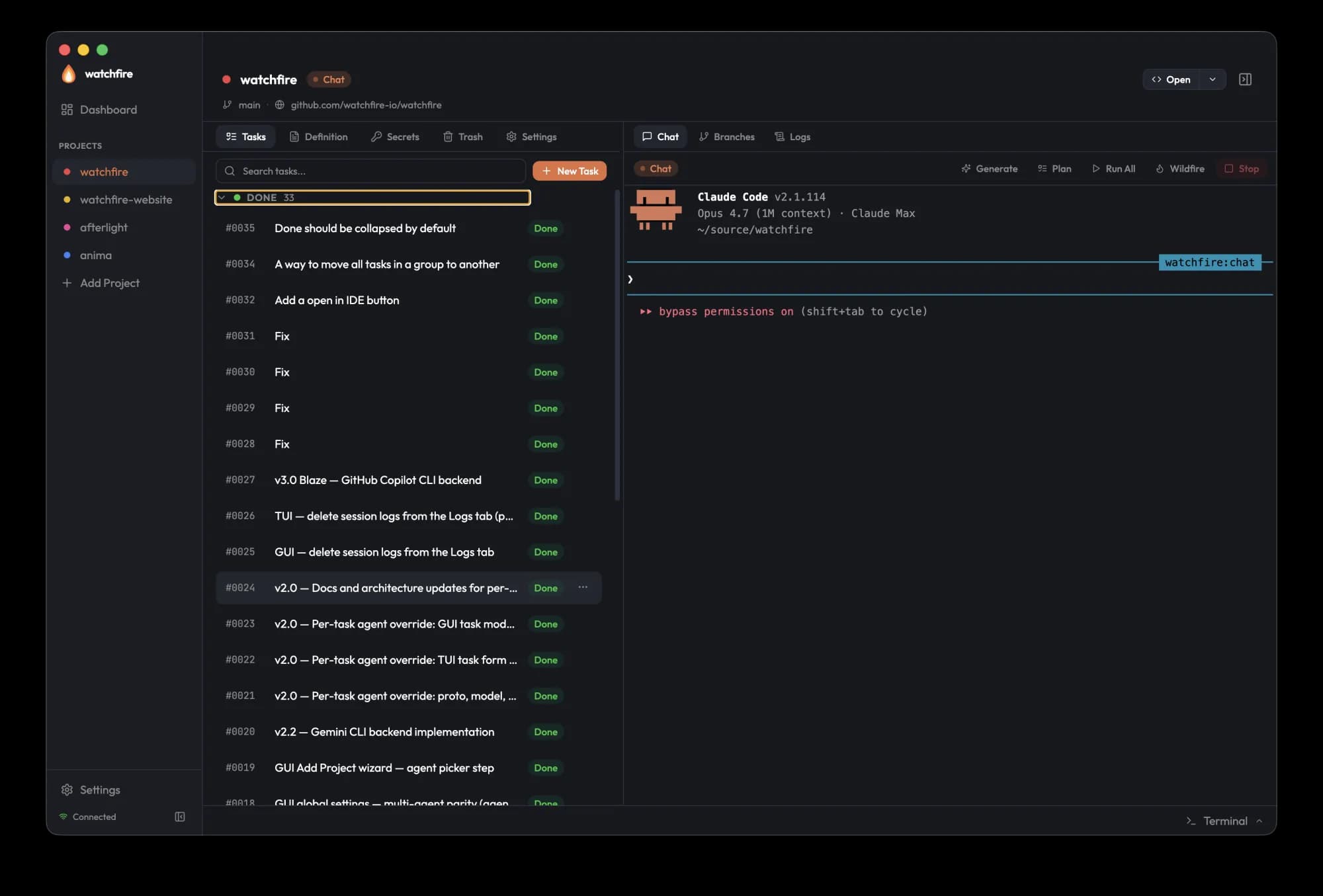 A project's task list with the live agent terminal alongside.